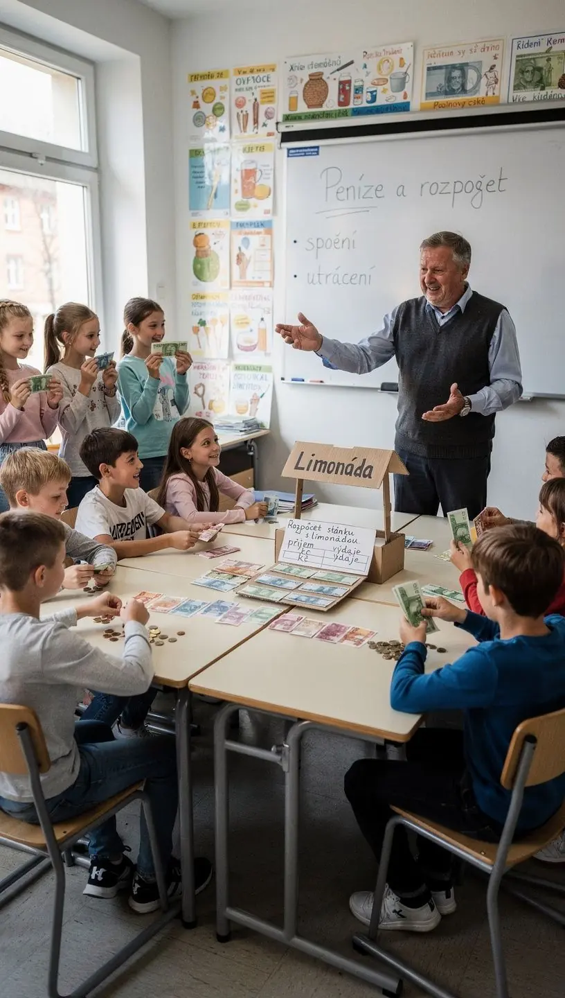 Ilustrace kalkulačky vedle hromady mincí a bankovek.